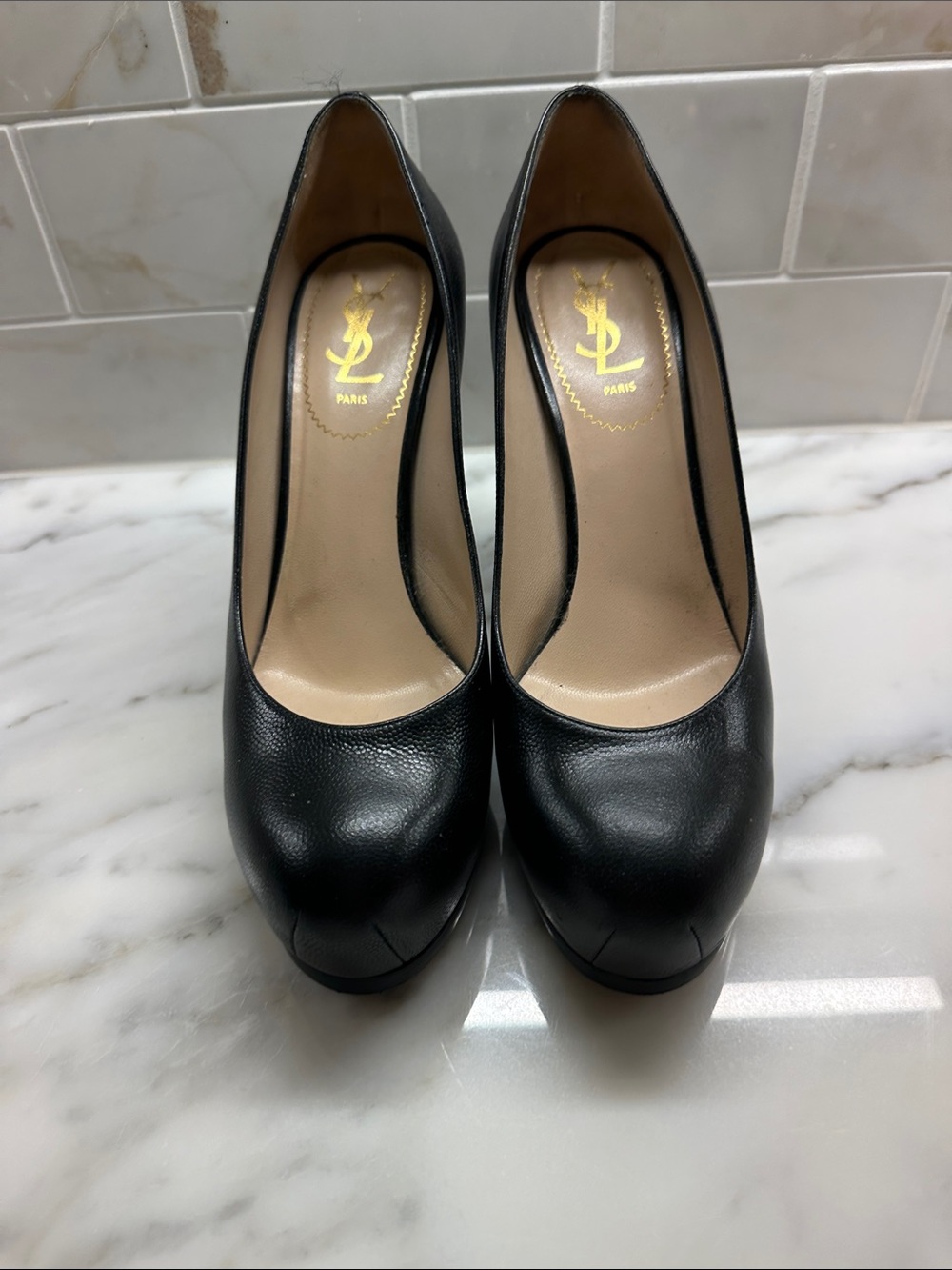 Saint Laurent Black Leather Round-Toe Pumps with Gold Insole Logo